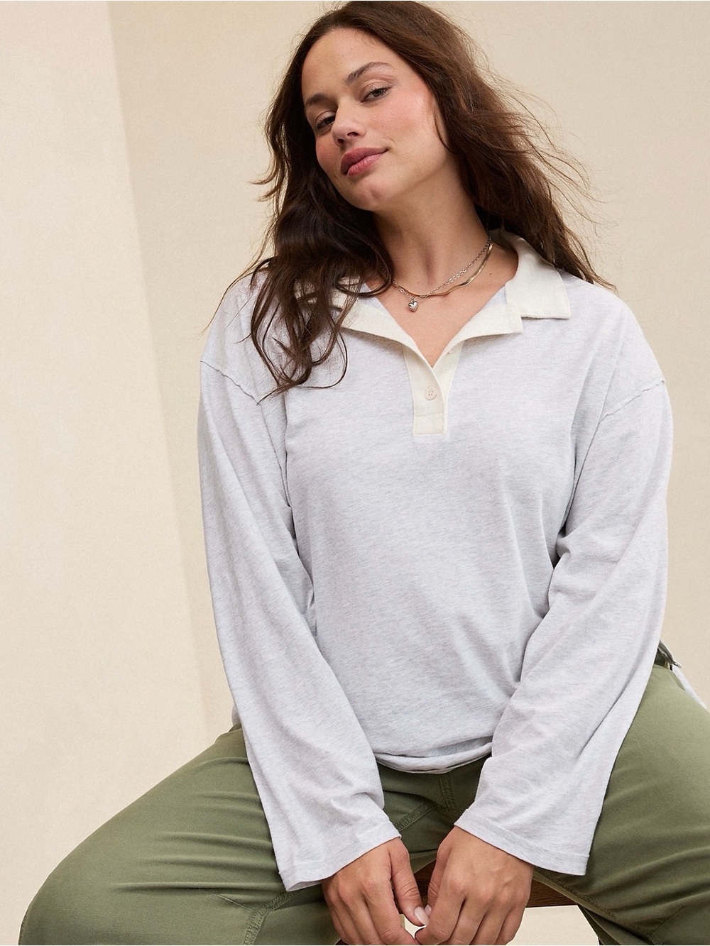 Aerie Cozy Polo Boyfriend T-shirt - Light Gray - Size S